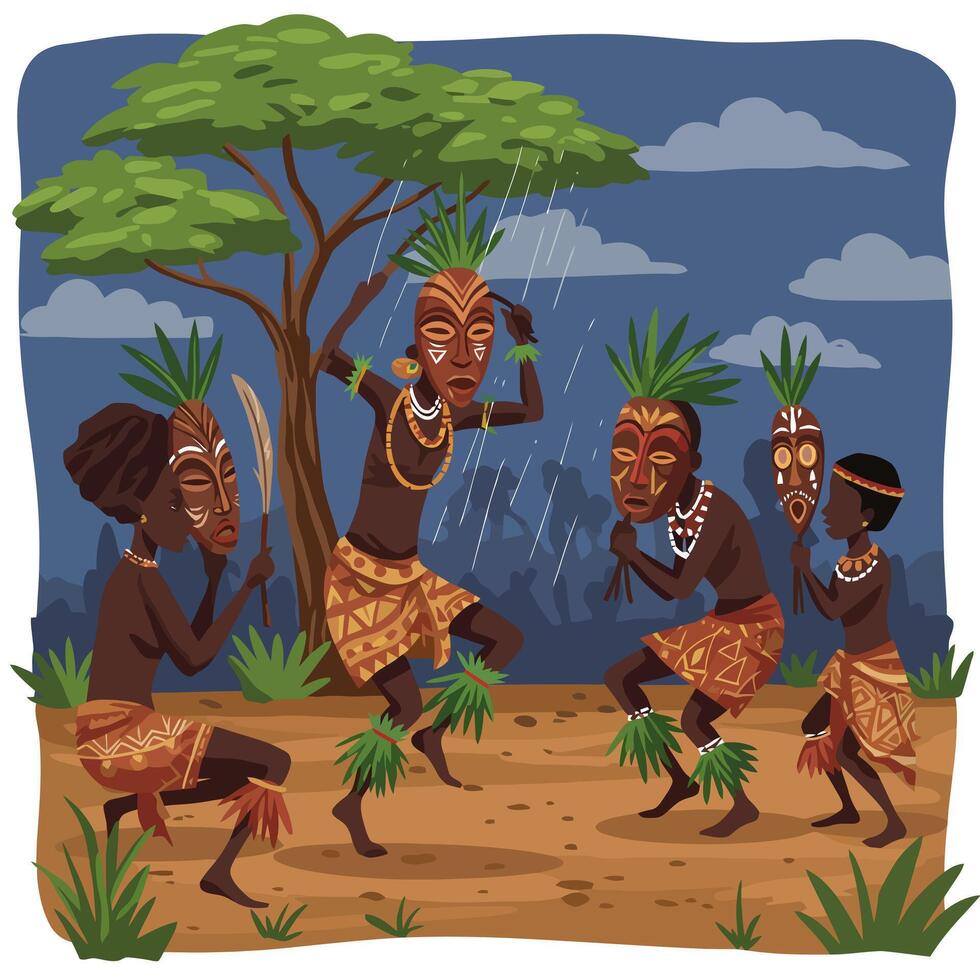 People Dancing with Masks Under Tree During Rain Ceremony vector
