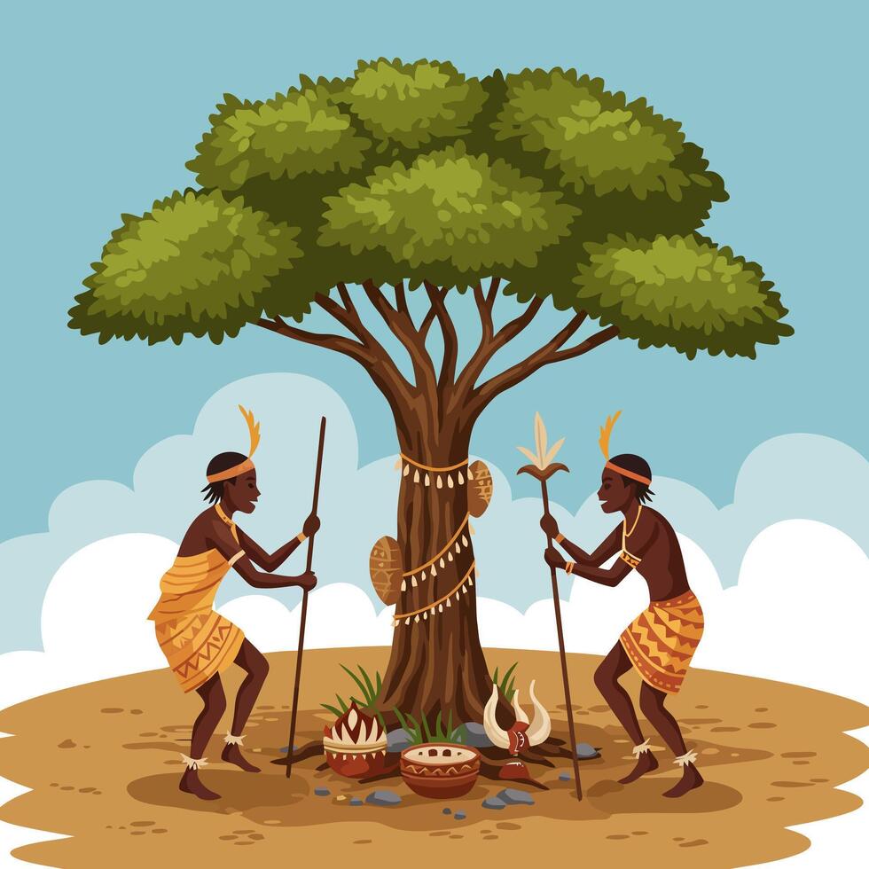 Tribal Gathering by Decorated Tree with Figures Holding Spears vector
