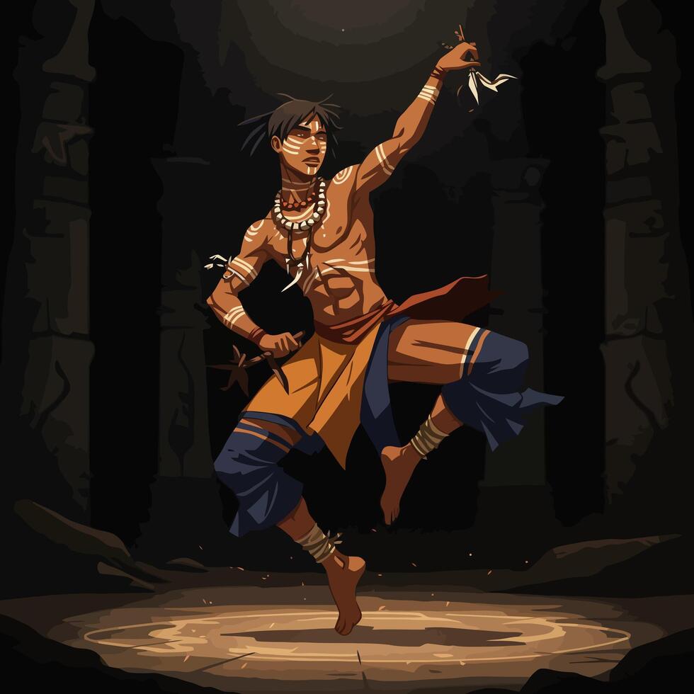 Man Performing Ritual Dance with Body Paint in a Dark Cave vector