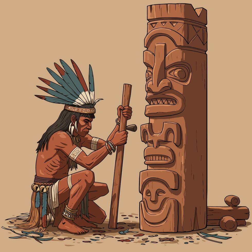 Carving Totem Pole Art Native American Man Crafting Wood Sculpture vector