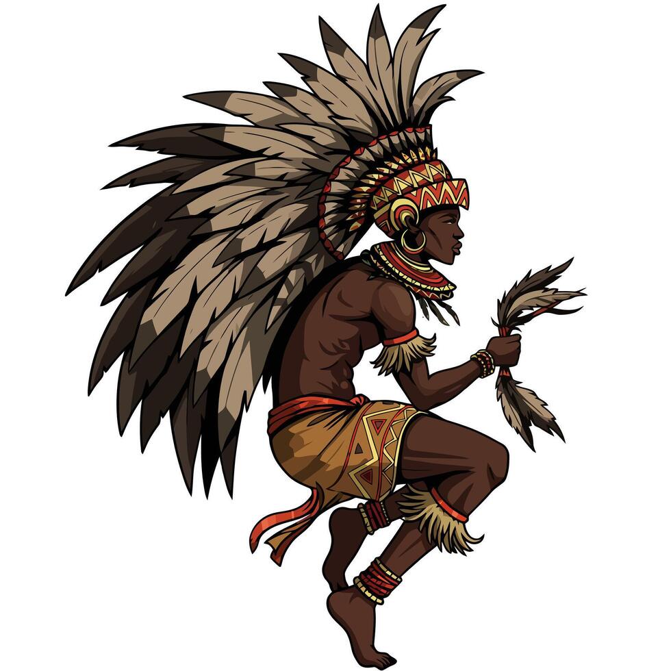 Man Dancing with Feathers in Headdress Colorful Traditional Clothing vector