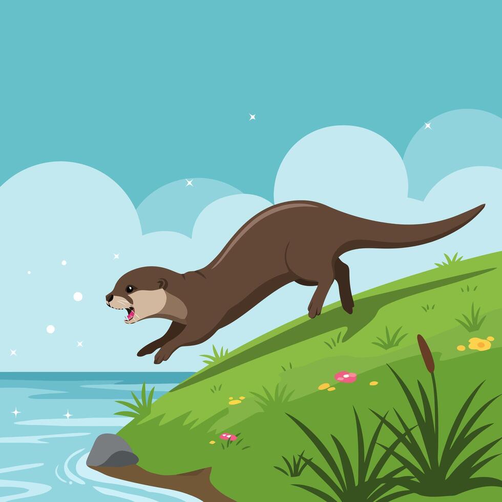 Cartoon Otter Leaping Towards Water on a Grassy Riverbank Illustration vector