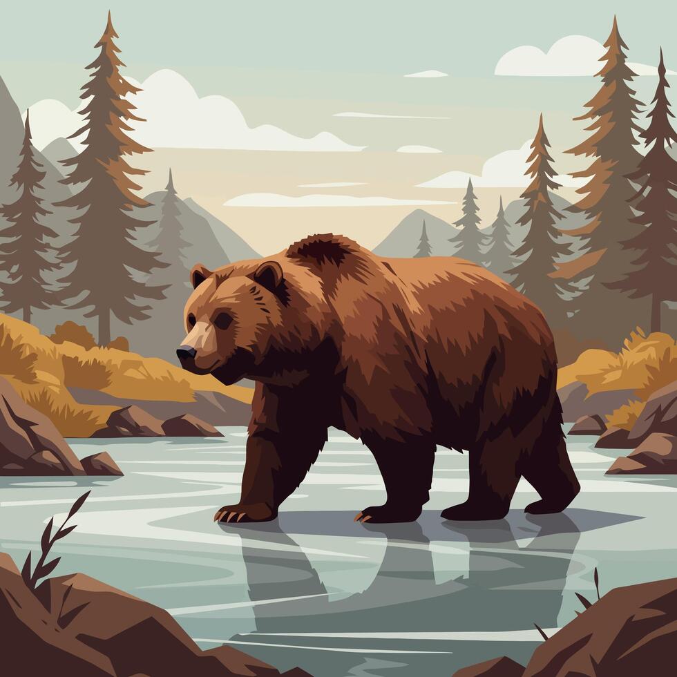 Walking Bear in Forest River with Mountain and Tree Background vector