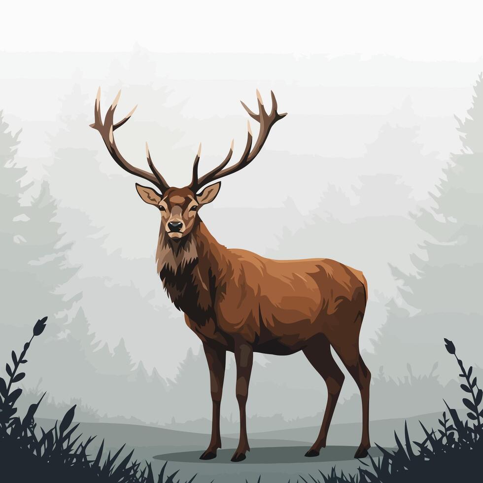 Standing Deer Illustration with Antlers in a Forest Clearing vector