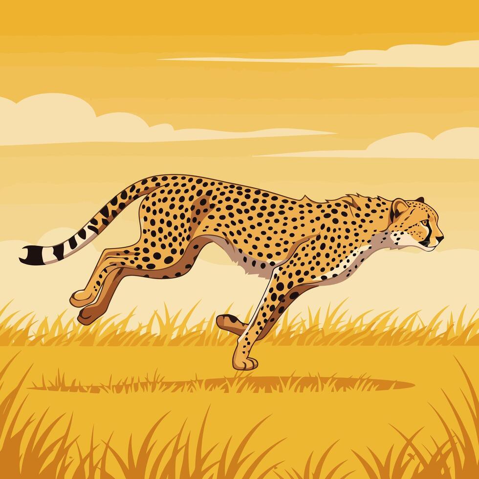Running Cheetah Cartoon Illustration Across Savannah Landscape During Daytime vector