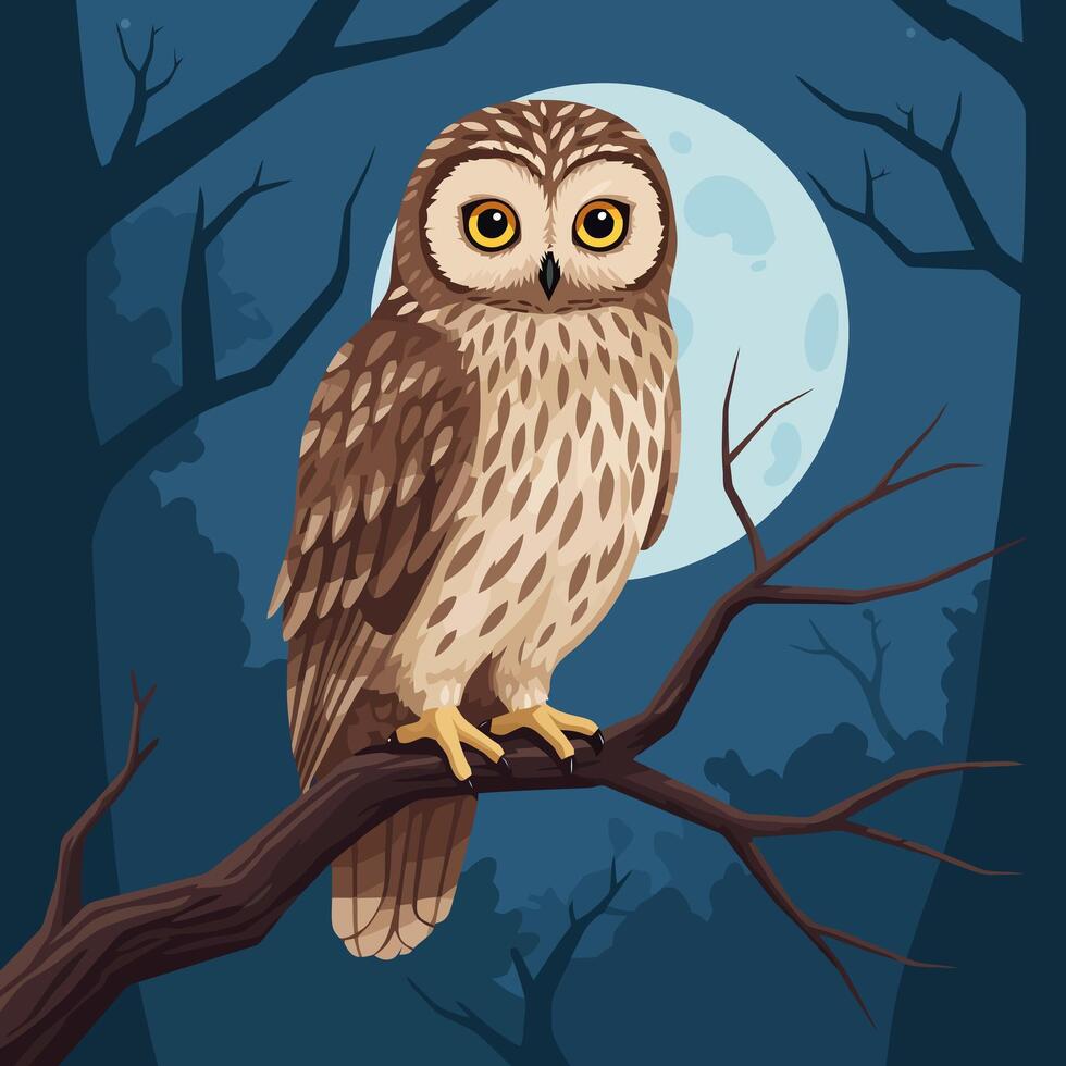 Owl Perching on Branch Against Full Moon in Night Forest vector
