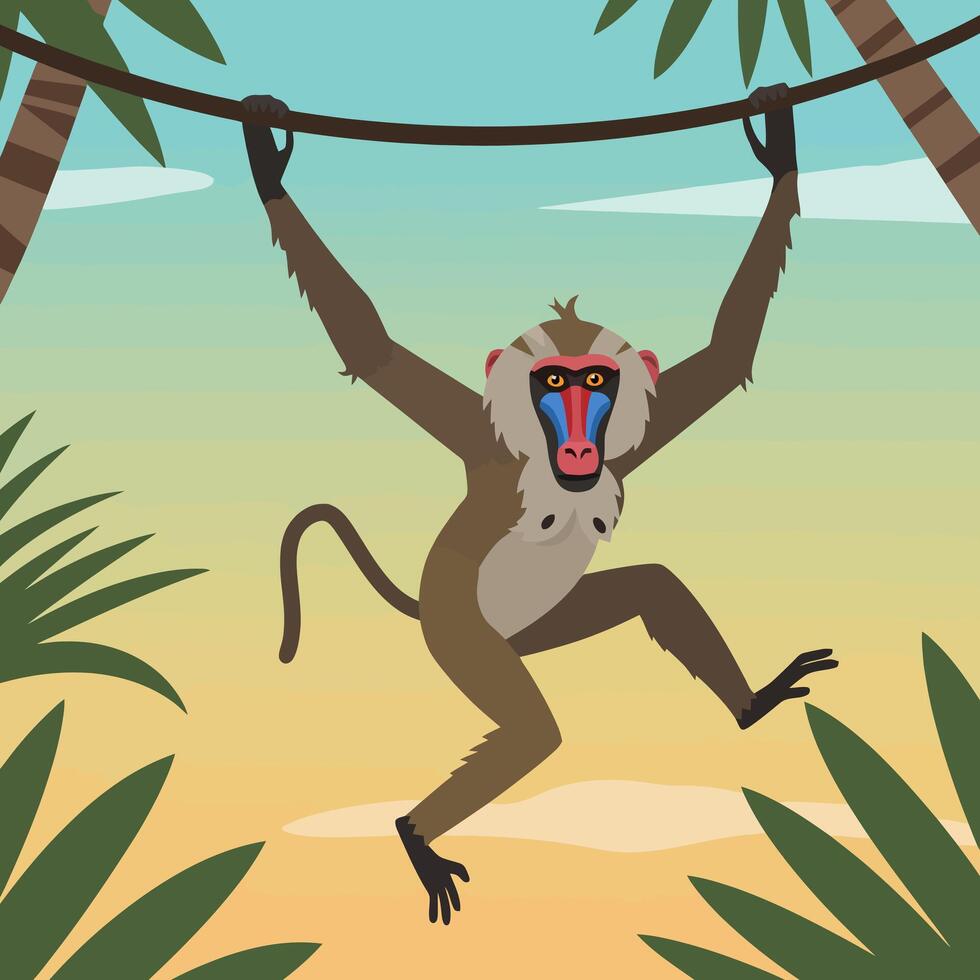Monkey Swinging From Vine Cartoon Style in a Tropical Setting vector