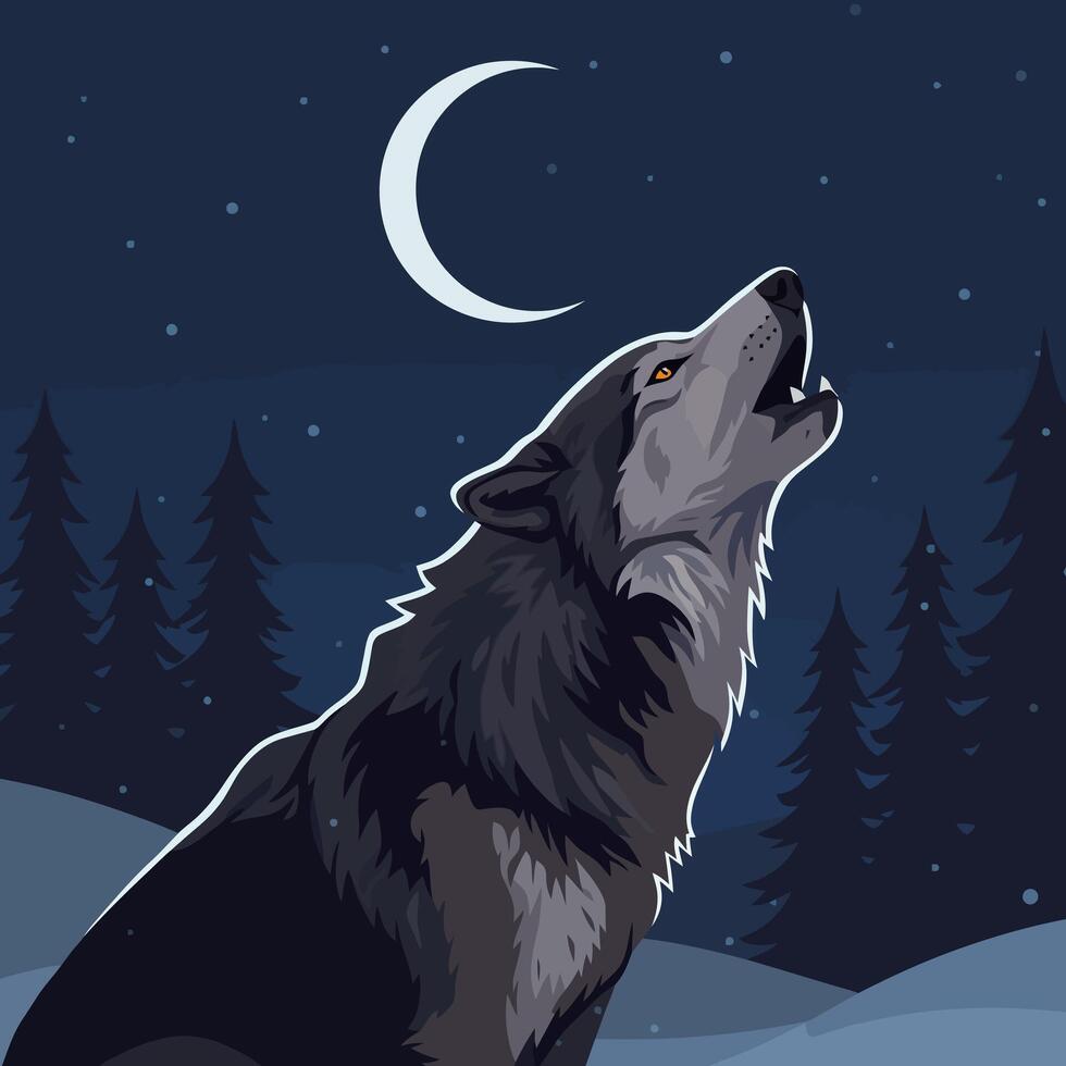 Wolf Howling at Crescent Moon in Dark Evergreen Forest Scene vector