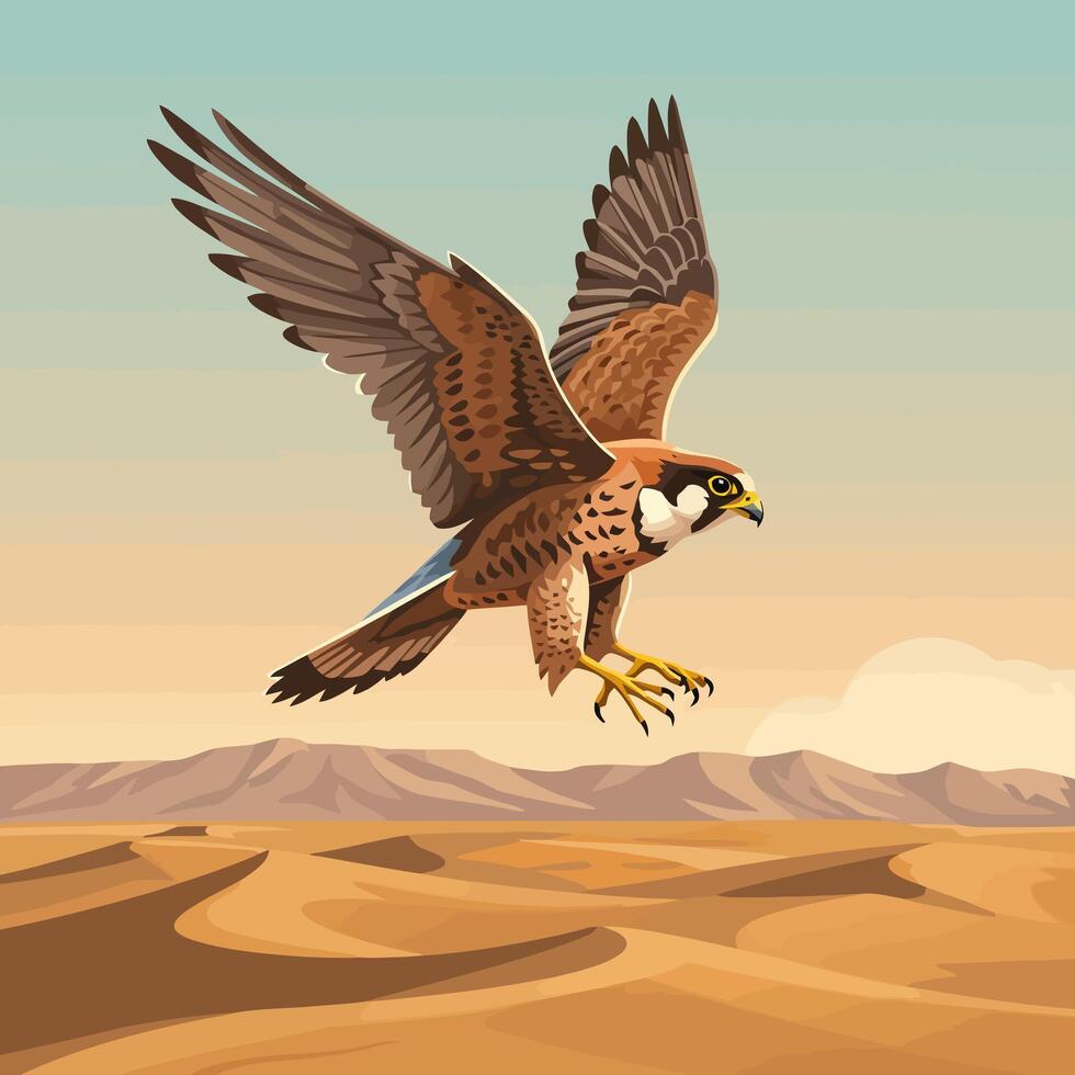 Hawk Soaring Above Desert Landscape Sand Dunes with Spread Wings vector