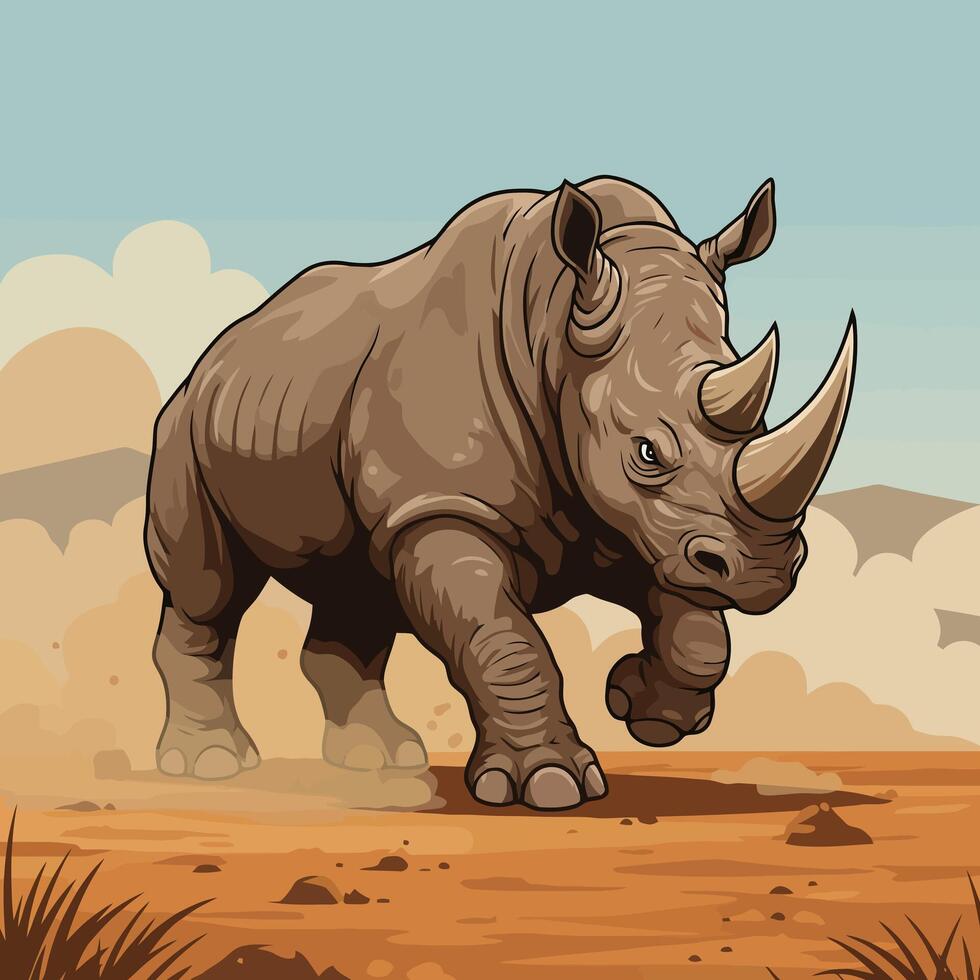 Cartoon Rhino Walking Across Dry Land with Distant Mountain View vector