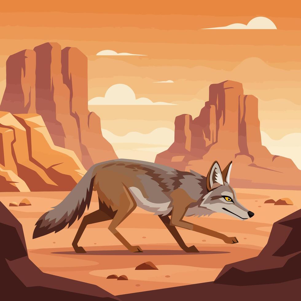 Coyote Walking in Desert Landscape with Rock Formations and Warm Colors vector