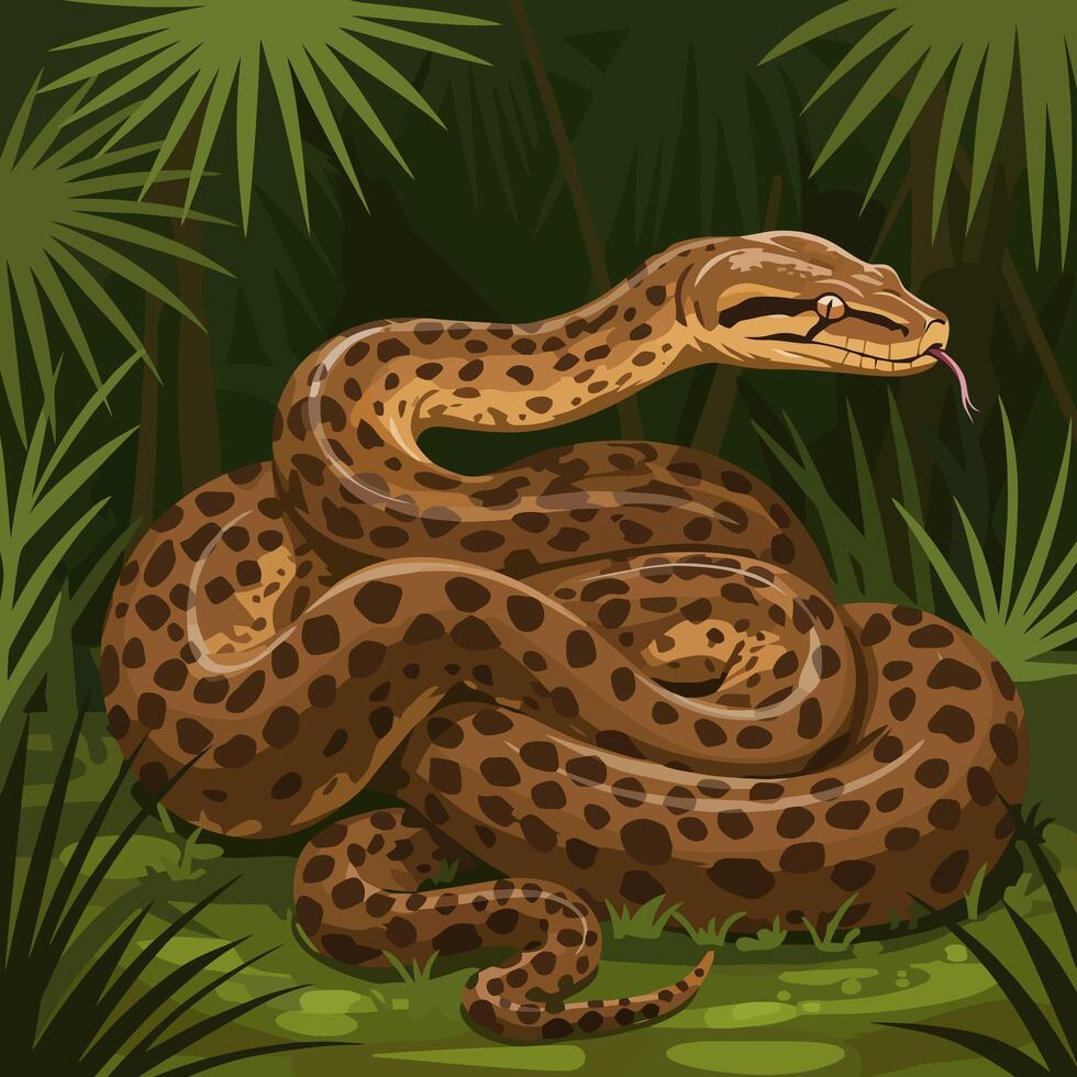Spotted Snake Coiled in Tropical Forest Illustration with Vibrant Flora vector