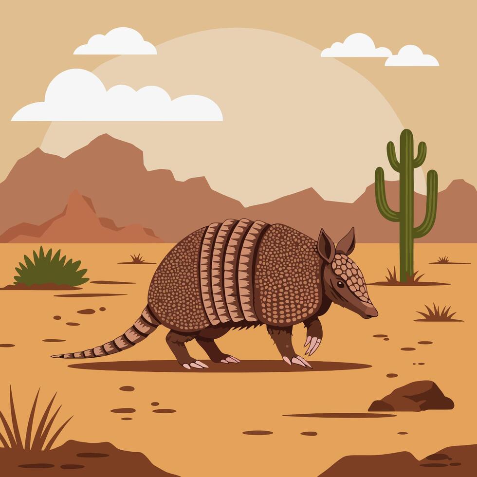 Armadillo Walking in Desert Landscape with Cactus and Distant Mountains vector