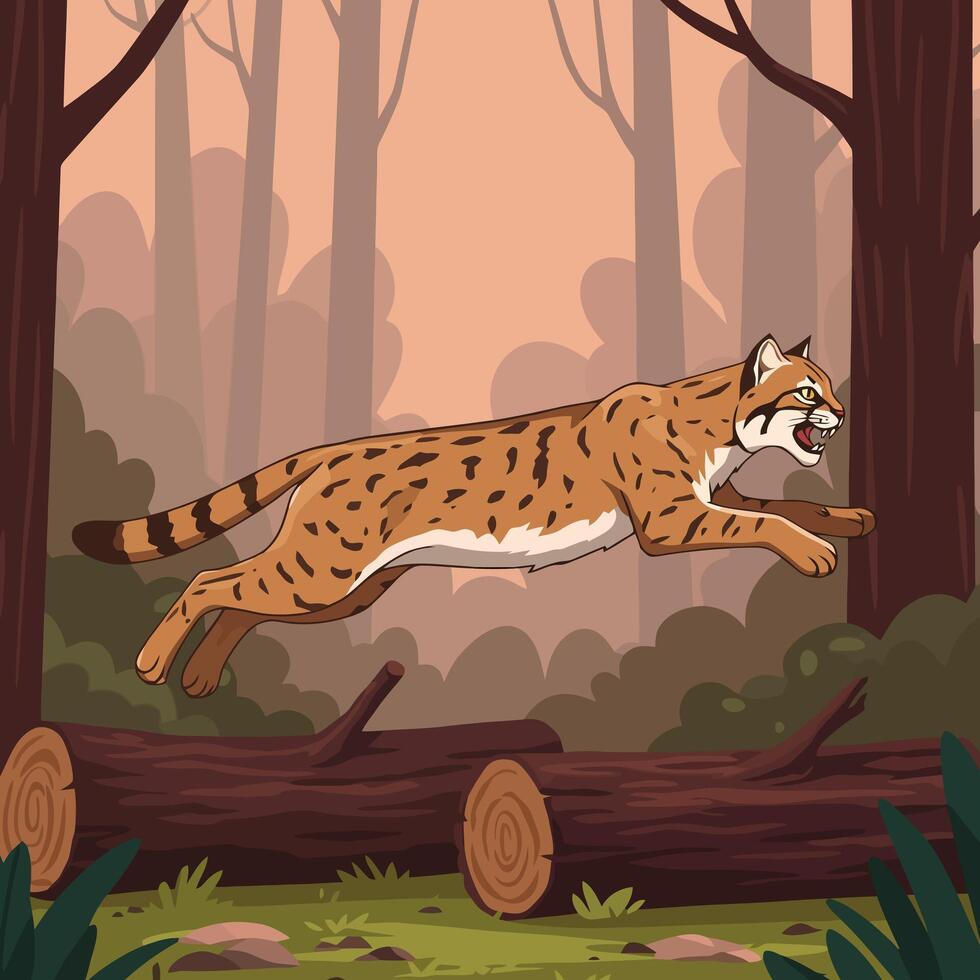 Spotted Cat Leaping Over Log in Forest Illustration vector