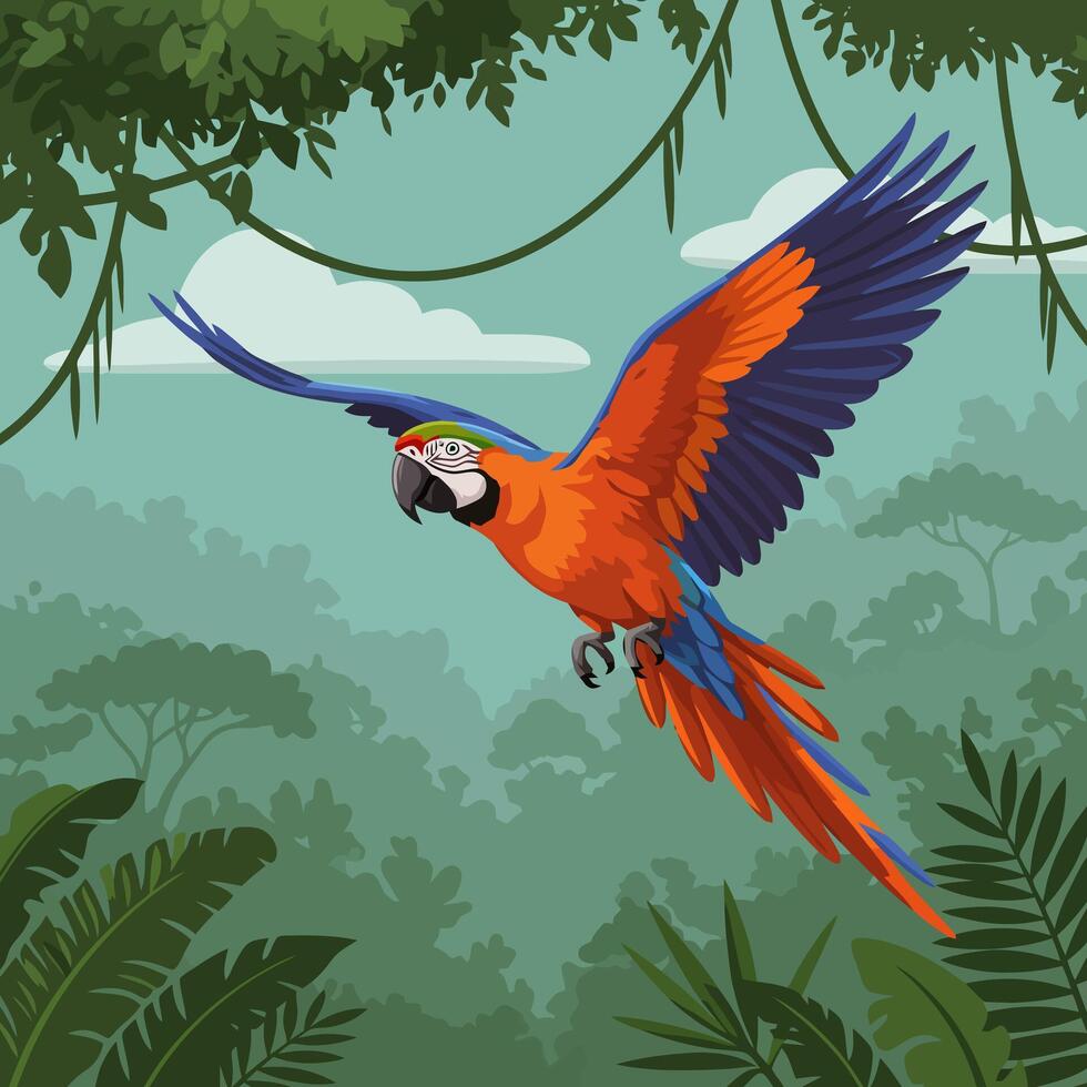 Colorful Parrot Flying Over Tropical Jungle Canopy in Bright Illustration vector