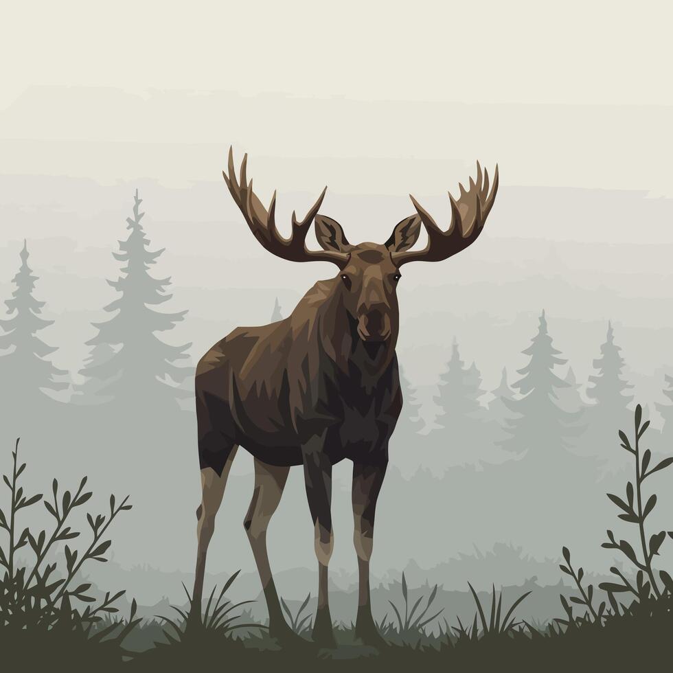 Standing Moose in Forest with Foggy Background Artwork Illustration vector