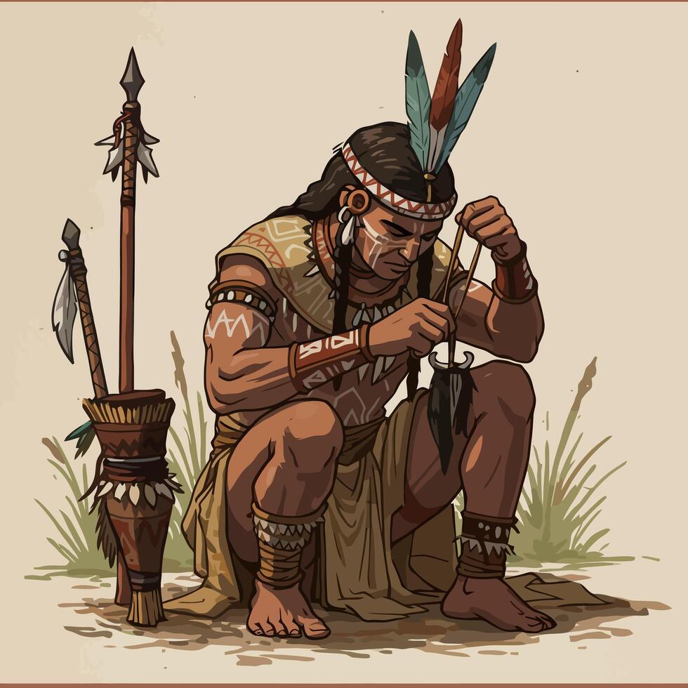 Indigenous Person Crafting with Spear and Arrows Illustration Peaceful Setting vector