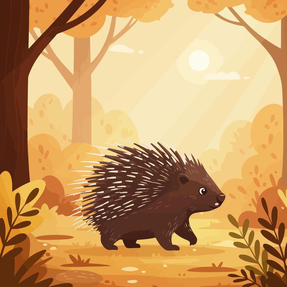 Porcupine Walking Through Forest with Autumn Leaves in Warm Sunlight vector