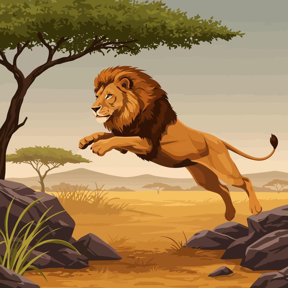 Lion Leaping Between Rocks in Savannah Landscape Illustration Drawing vector