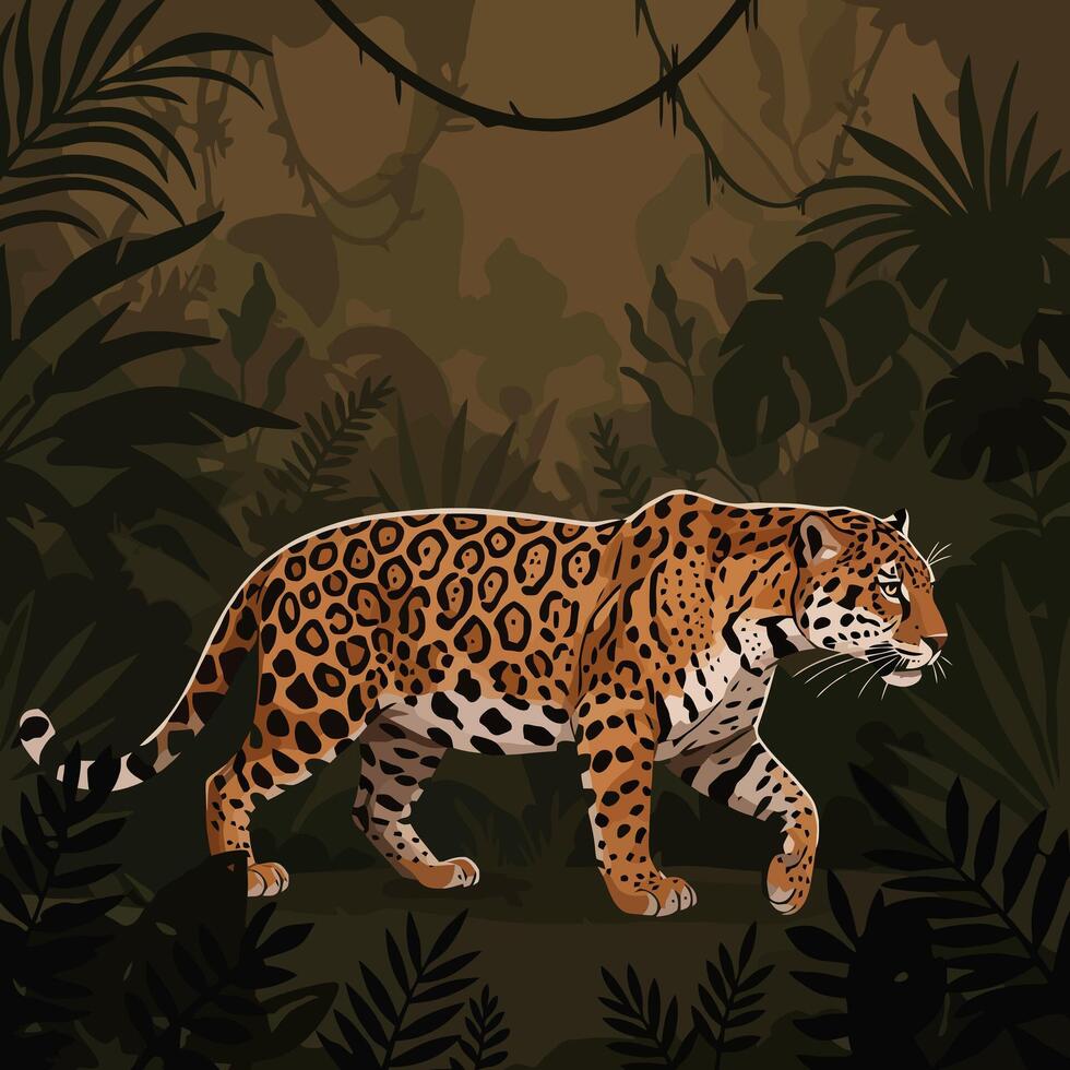 Jaguar Walking Through Dense Jungle Foliage Under Shady Canopy vector