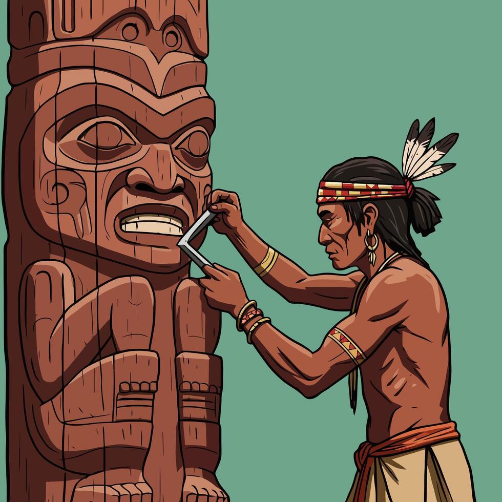 Indigenous Man Working on Carved Wooden Totem Pole with Tool vector