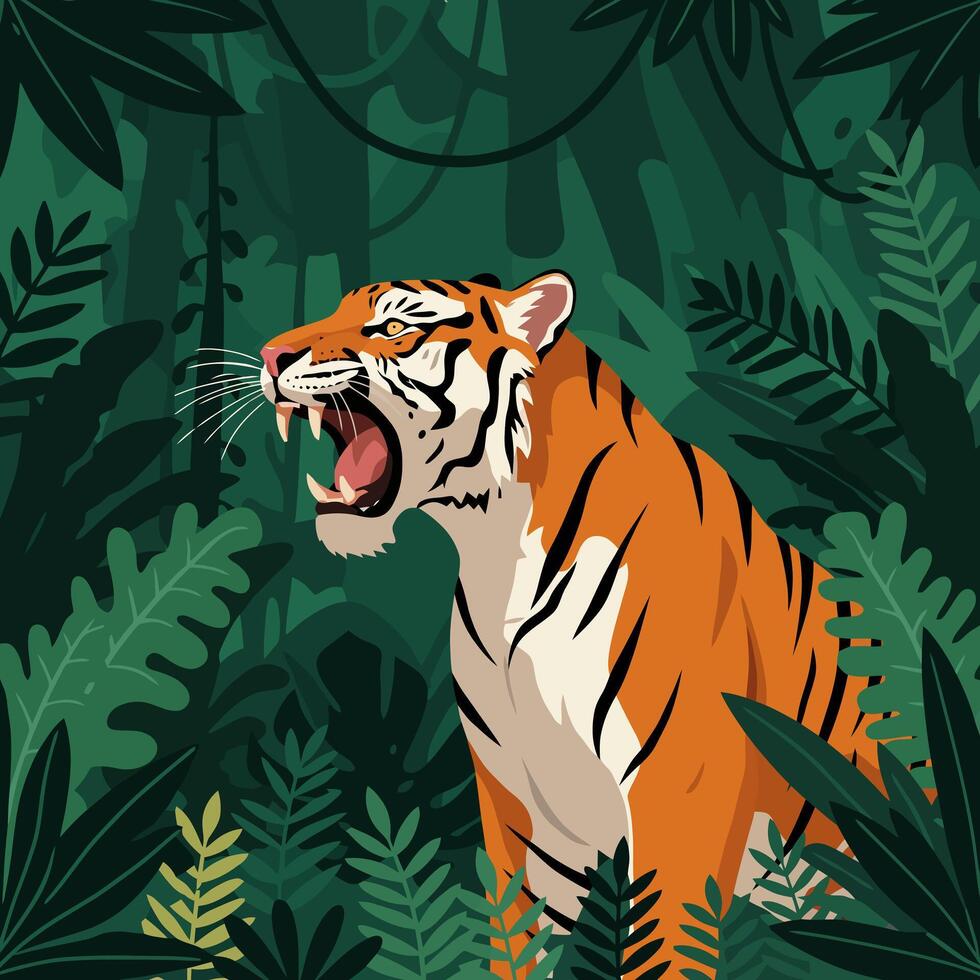 Roaring Tiger Illustration in Dense Jungle with Green Leaves vector