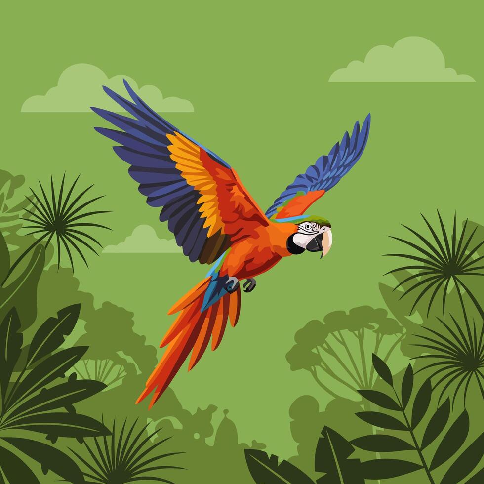 Colorful Macaw Flying Over Tropical Rainforest Illustration in Green Backdrop vector