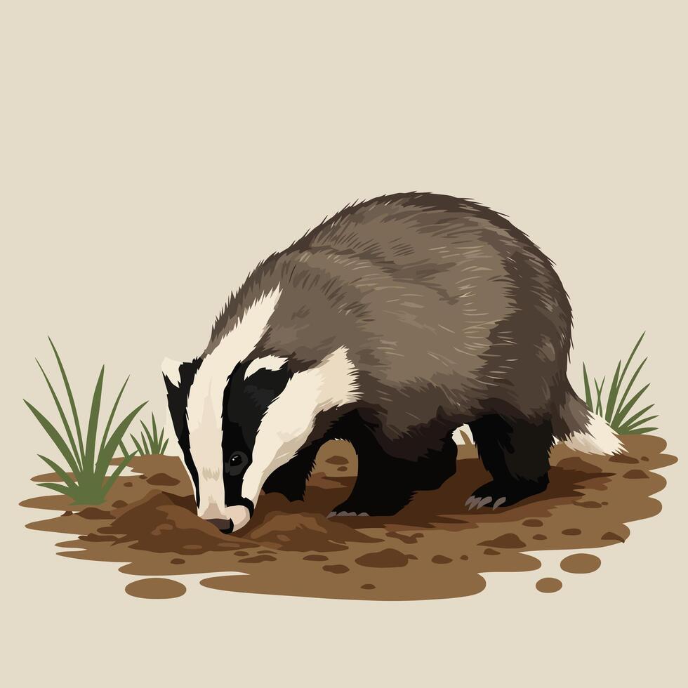 Badger Digging in the Ground Amidst Grass in Cartoon Style vector