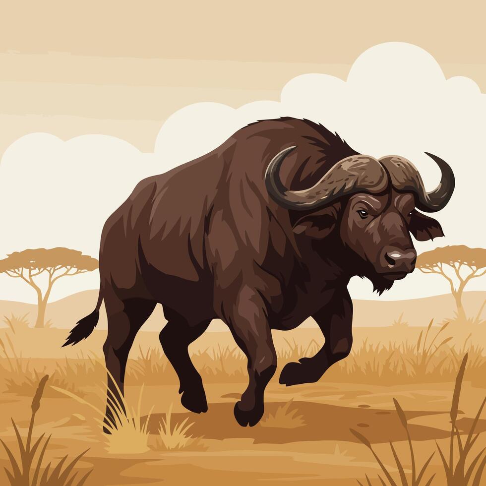 Charging African Buffalo Cartoon Illustration on Savanna Landscape Background vector