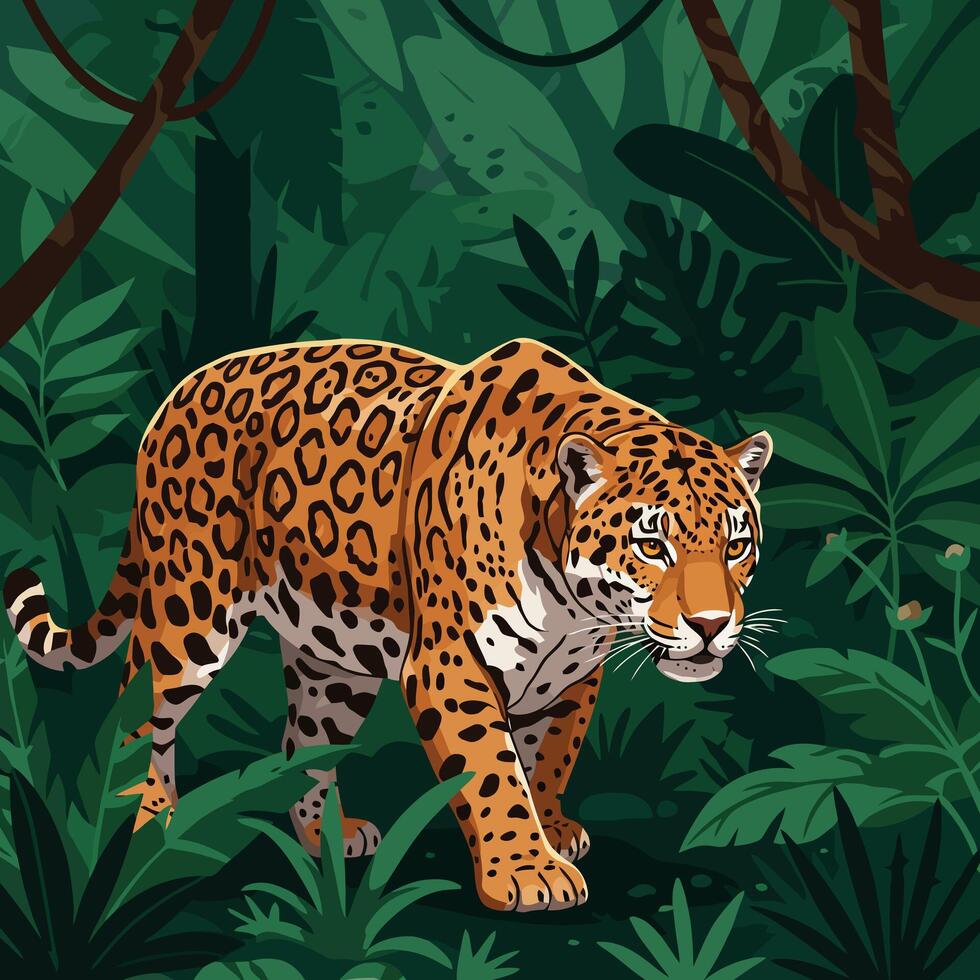 Jaguar Strolling Through Lush Green Jungle with Spotted Fur Pattern vector