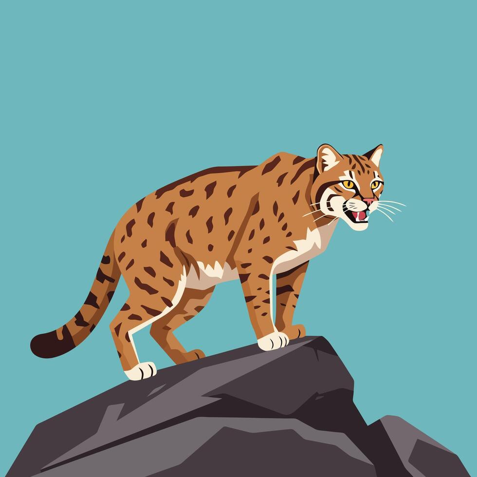 Spotted Wildcat Standing Alert on Rocky Outcrop Against Blue Sky vector