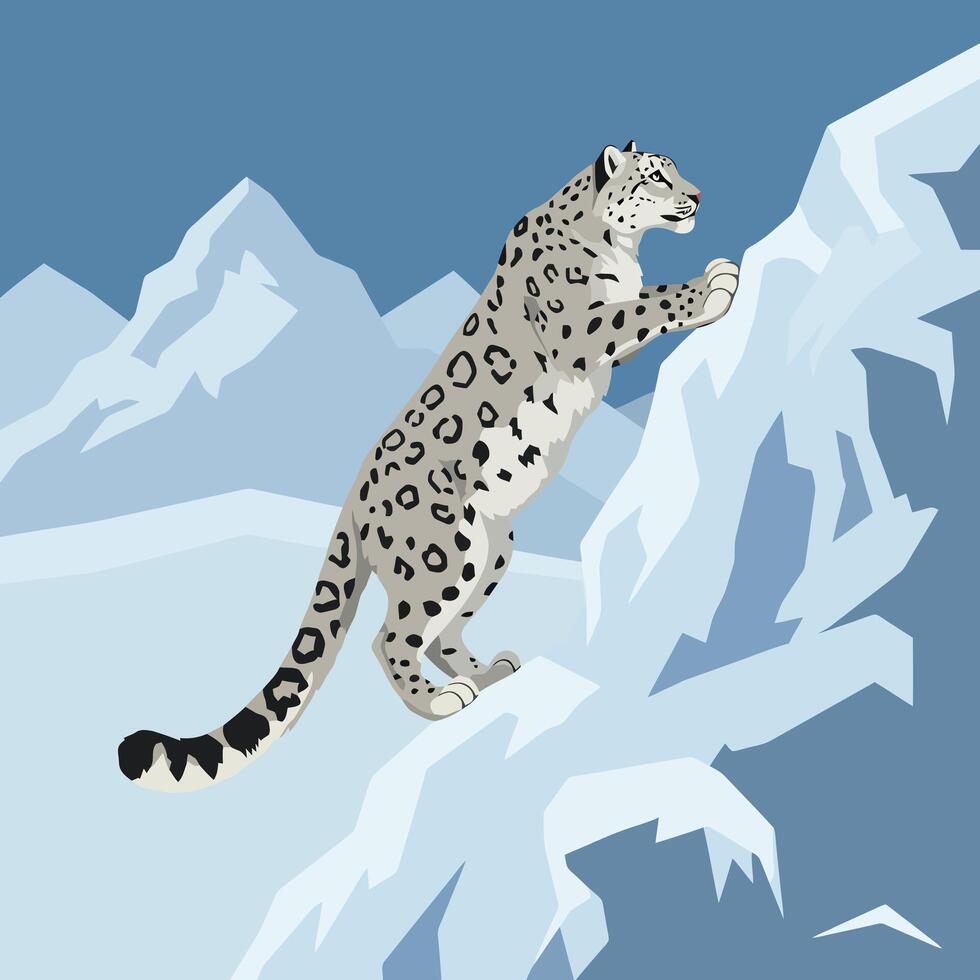 Snow Leopard Climbing Ice Slope in a Mountainous Landscape vector