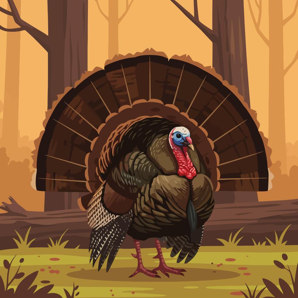 Standing Turkey Illustration in Forest Scene with Autumn Colors vector