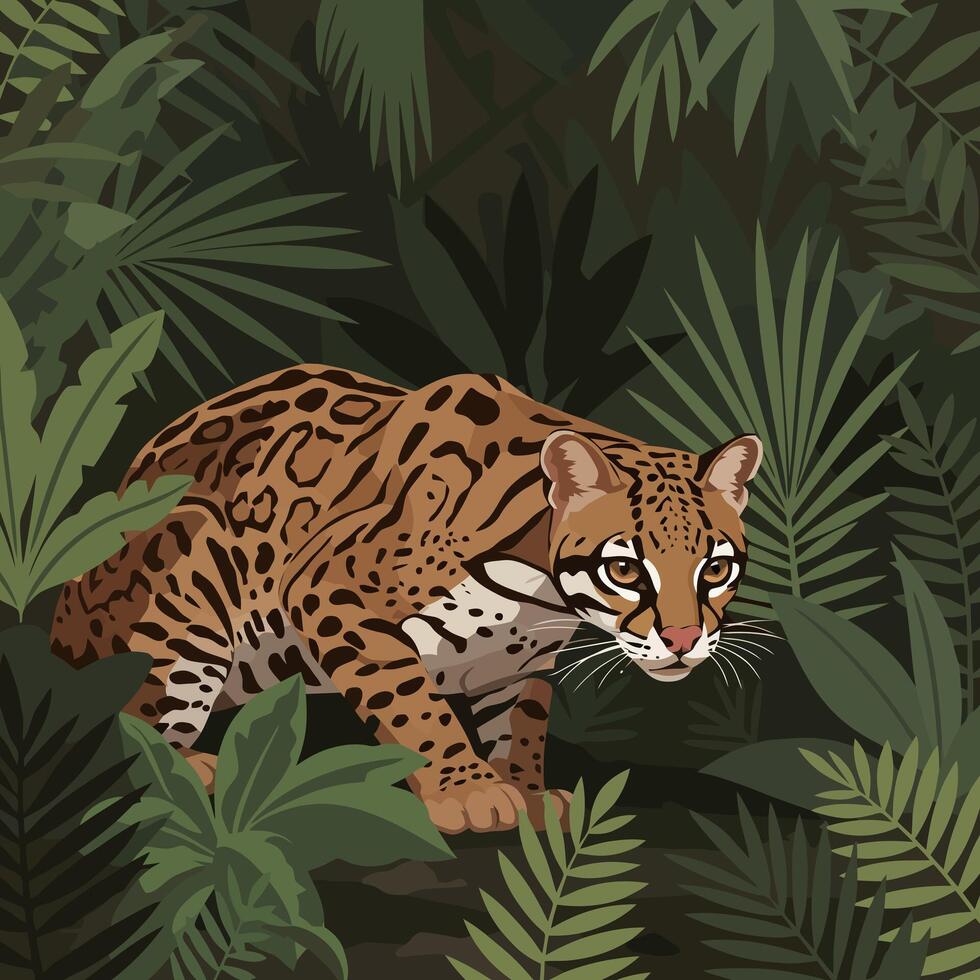 Ocelot Walking Through Dense Tropical Forest Undergrowth Illustration vector