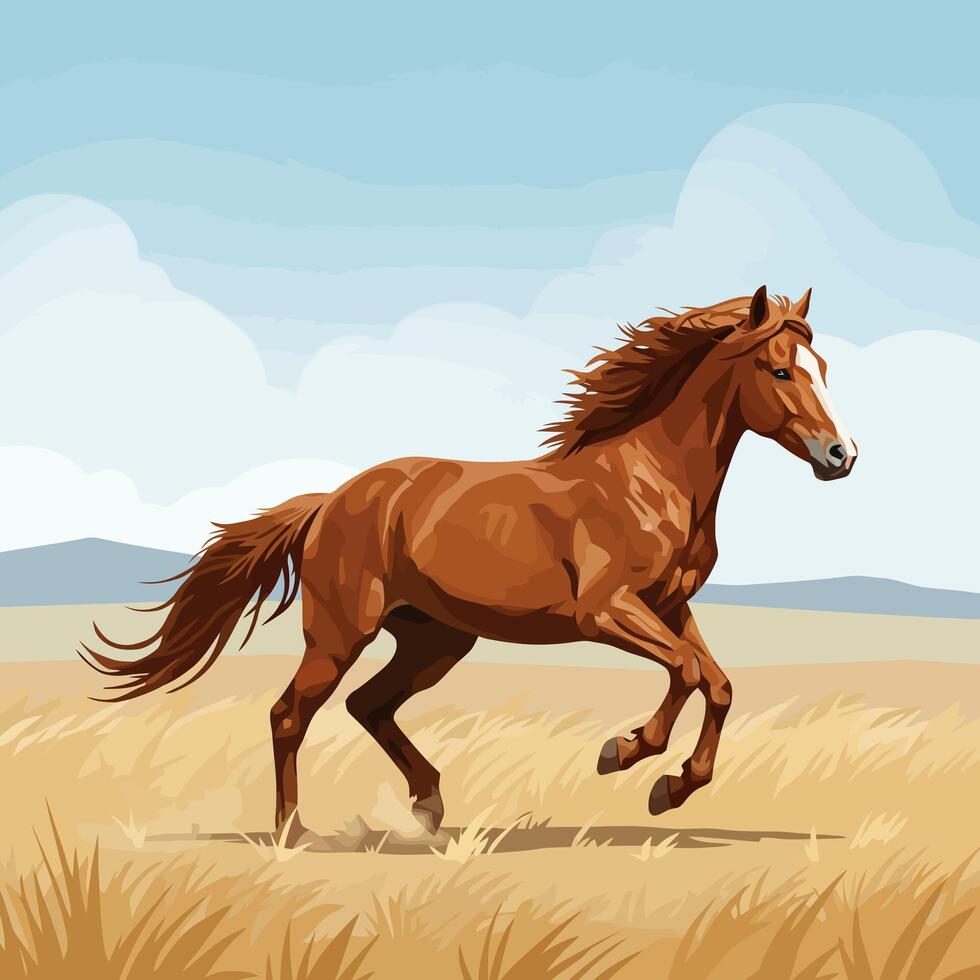 Horse Running Freely Through a Golden Field with Rolling Hills Background vector