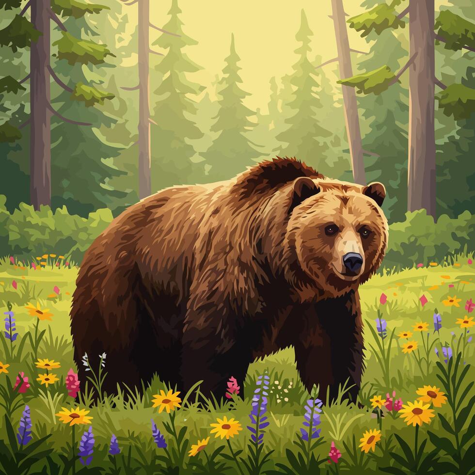 Brown Bear Walking Among Wildflowers in Sunlit Forest Illustration vector
