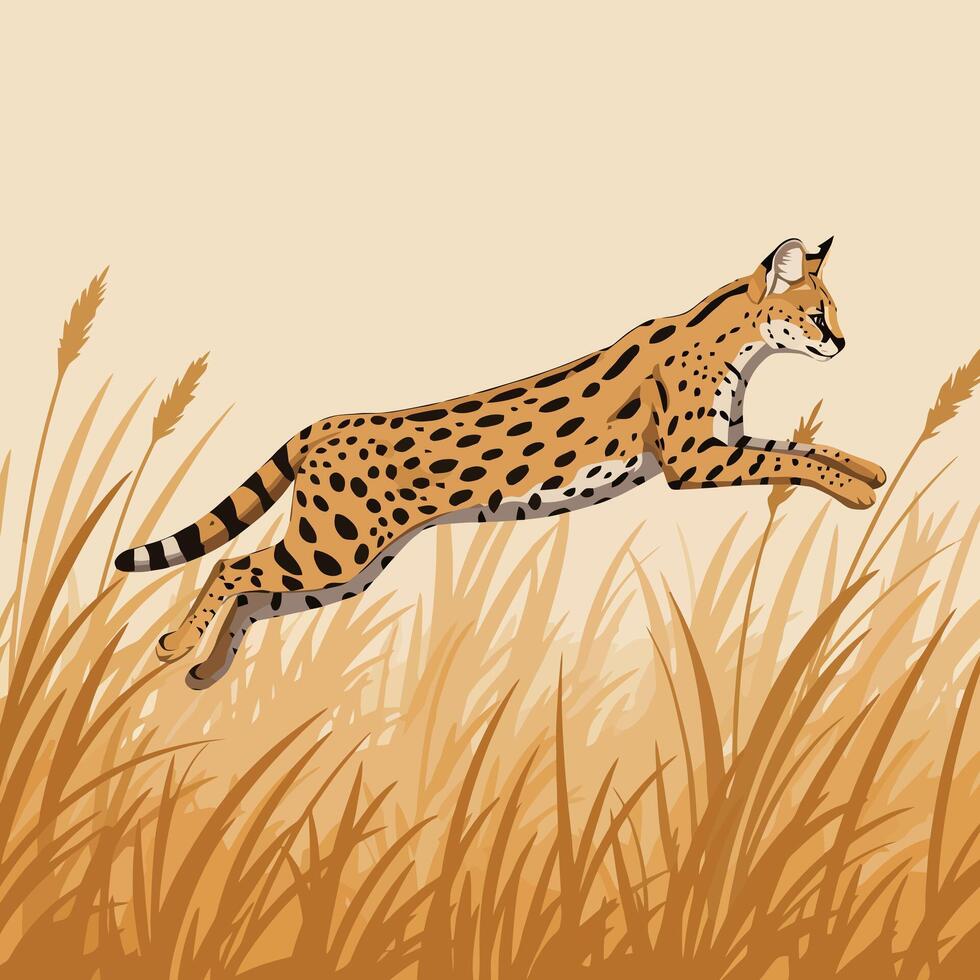 Serval Cat Jumping Through Tall Grass Animated Wildlife Illustration vector