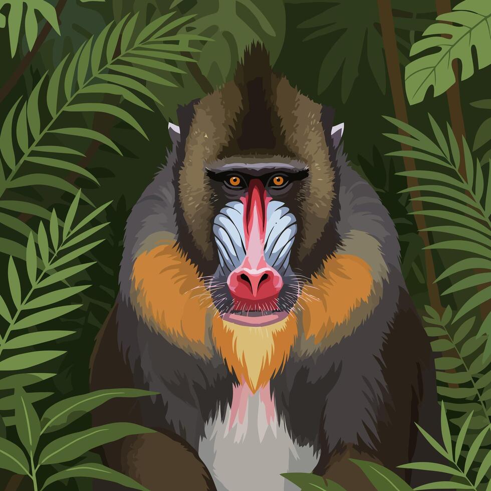 Portrait of Colorful Mandrill in Jungle Foliage Exotic Wildlife Art vector