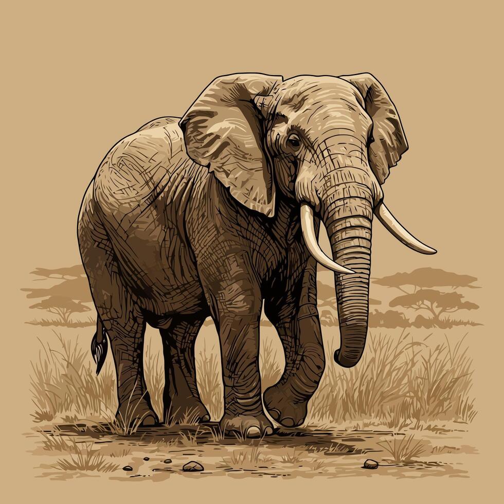 Elephant Walking Through Grassy Savanna in Artistic Vintage Style Illustration vector