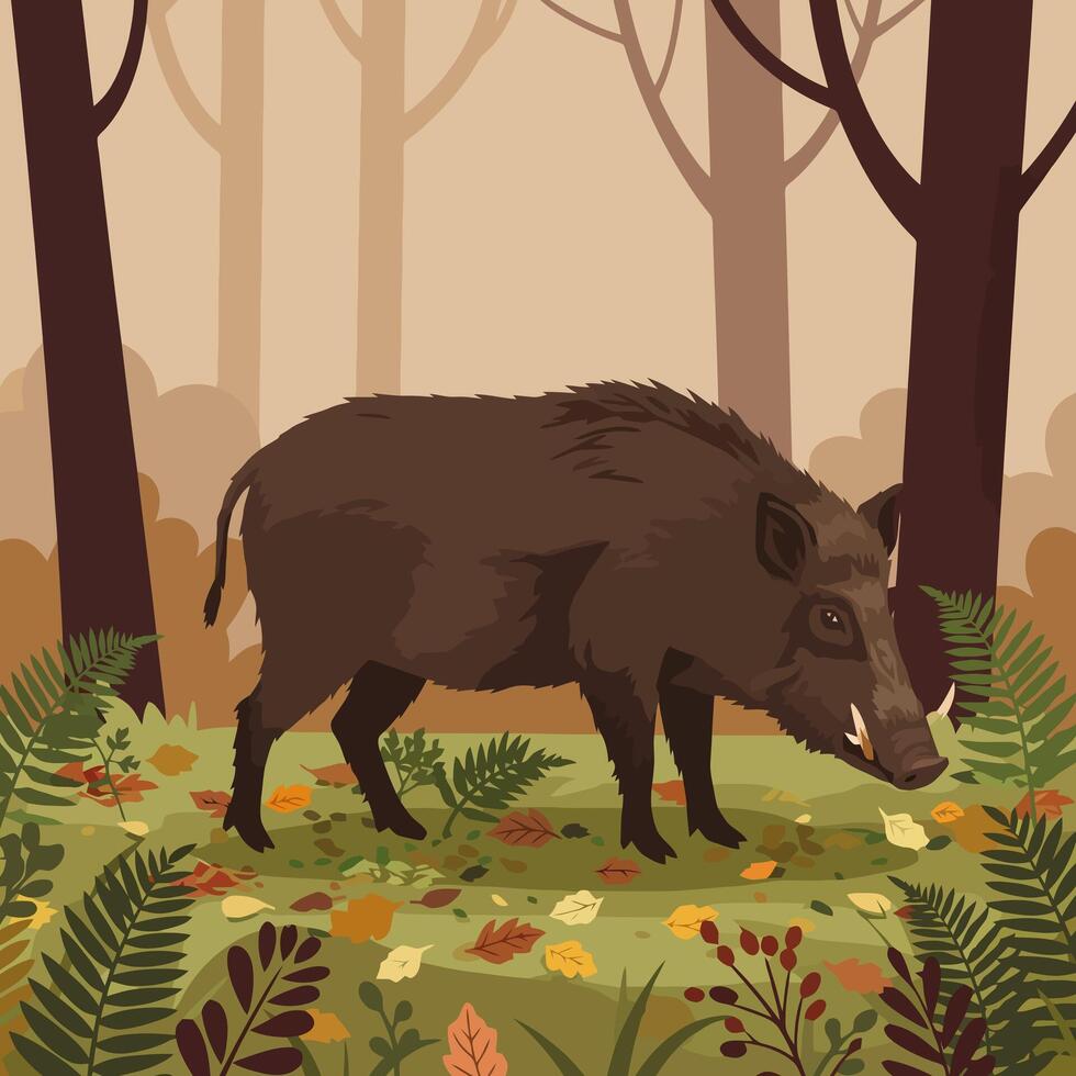 Boar Walking Through a Forest with Autumn Leaves Illustration vector