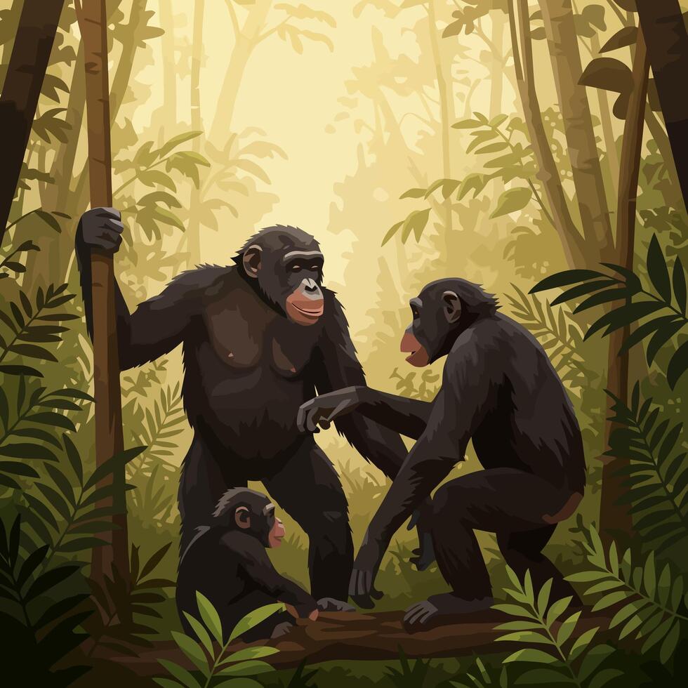 Chimpanzee Family Interaction in Jungle Habitat with Trees and Foliage vector