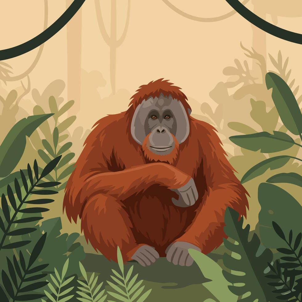 Sitting Orangutan Illustration in Tropical Forest Environment with Jungle Plants vector