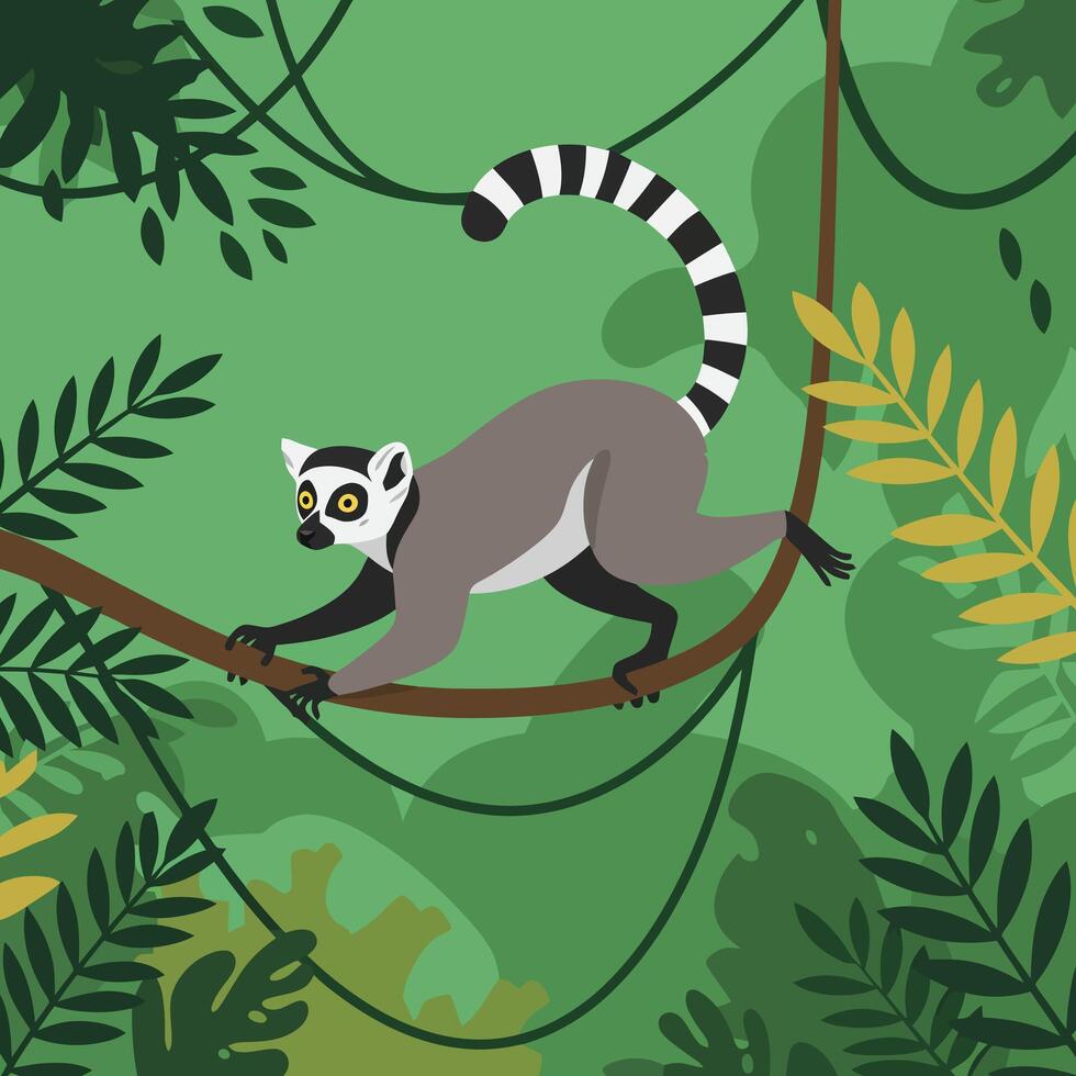 Lemur Climbing on Branch in Tropical Jungle with Lush Foliage vector