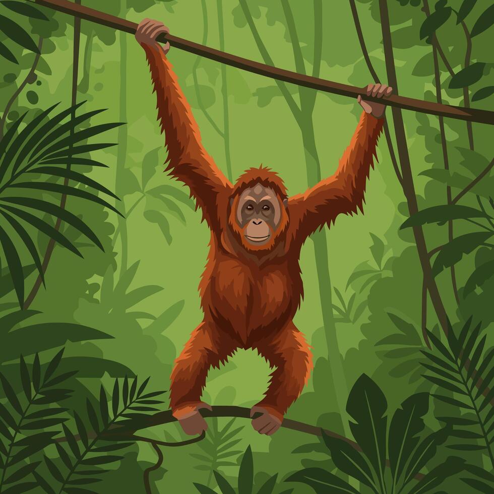 Orangutan Swinging in Lush Green Jungle Canopy Illustration vector