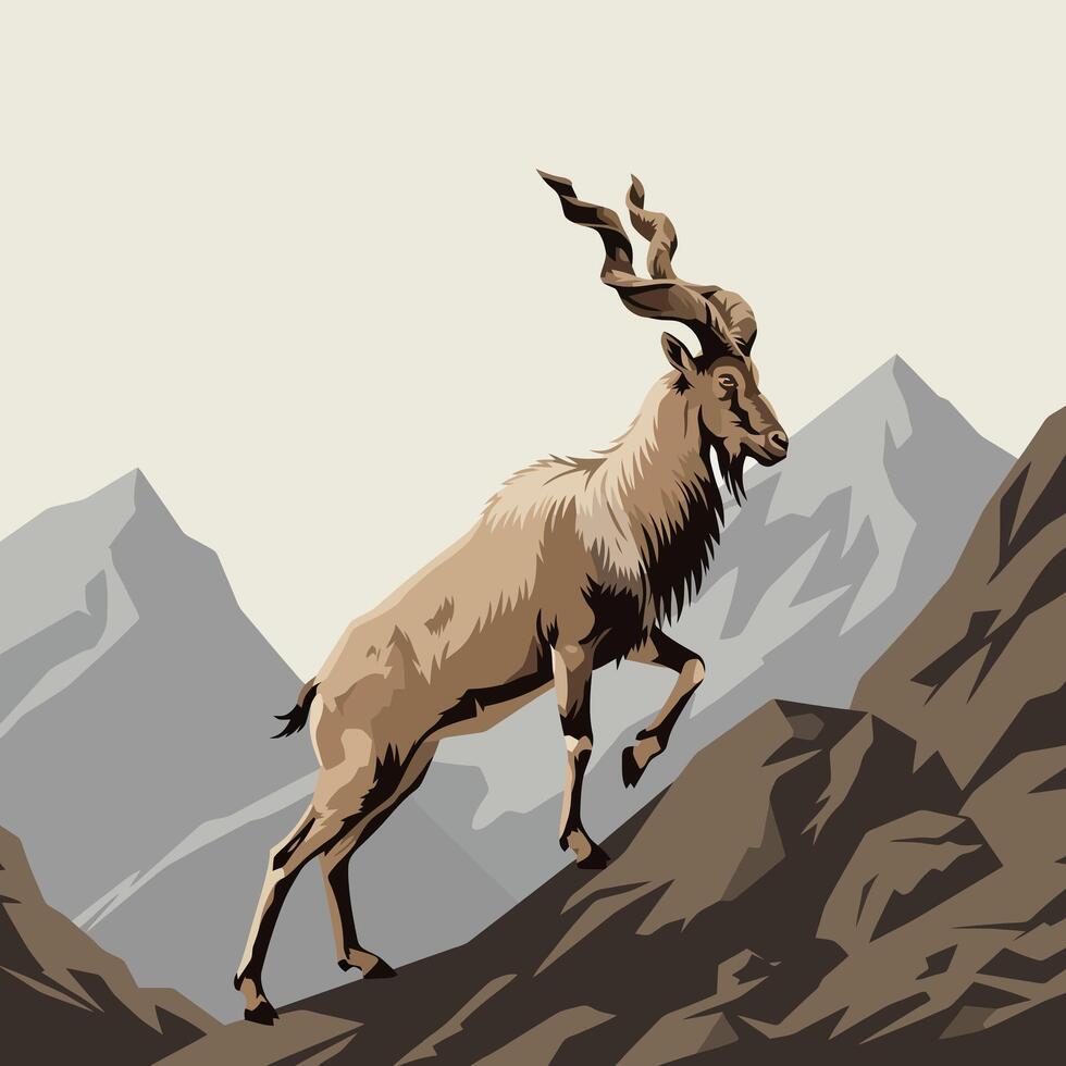 Mountain Goat Climbing Rocky Terrain with High Peaks Background Artwork vector