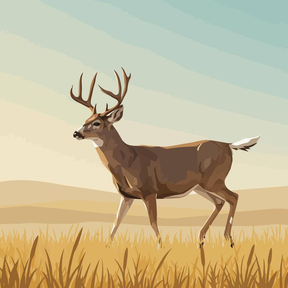 Deer Walking in Field Illustration with Antlers in Nature vector