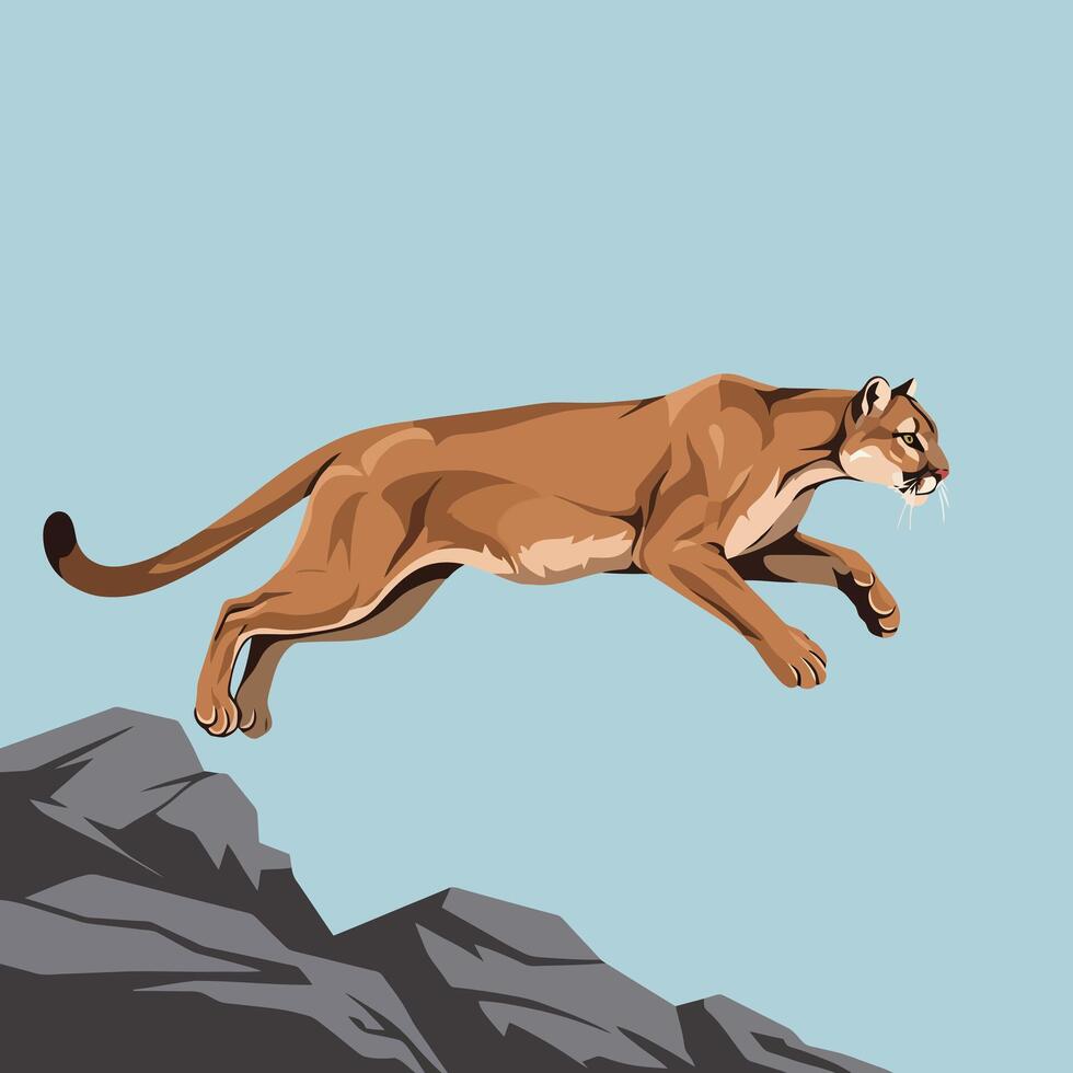Mountain Lion Jumping Off Rocks with Blue Sky Background Illustration vector