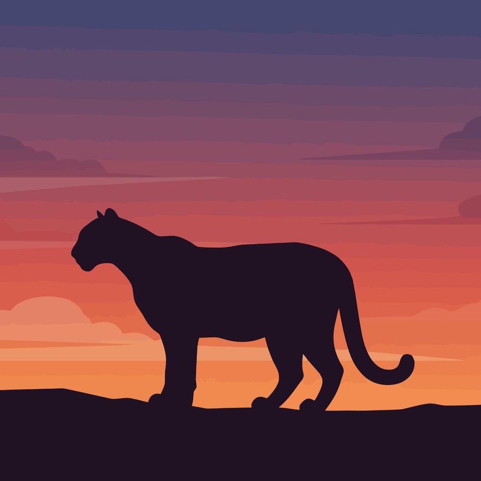 Silhouette of Feline at Sunset Peaceful Wildlife Illustration vector