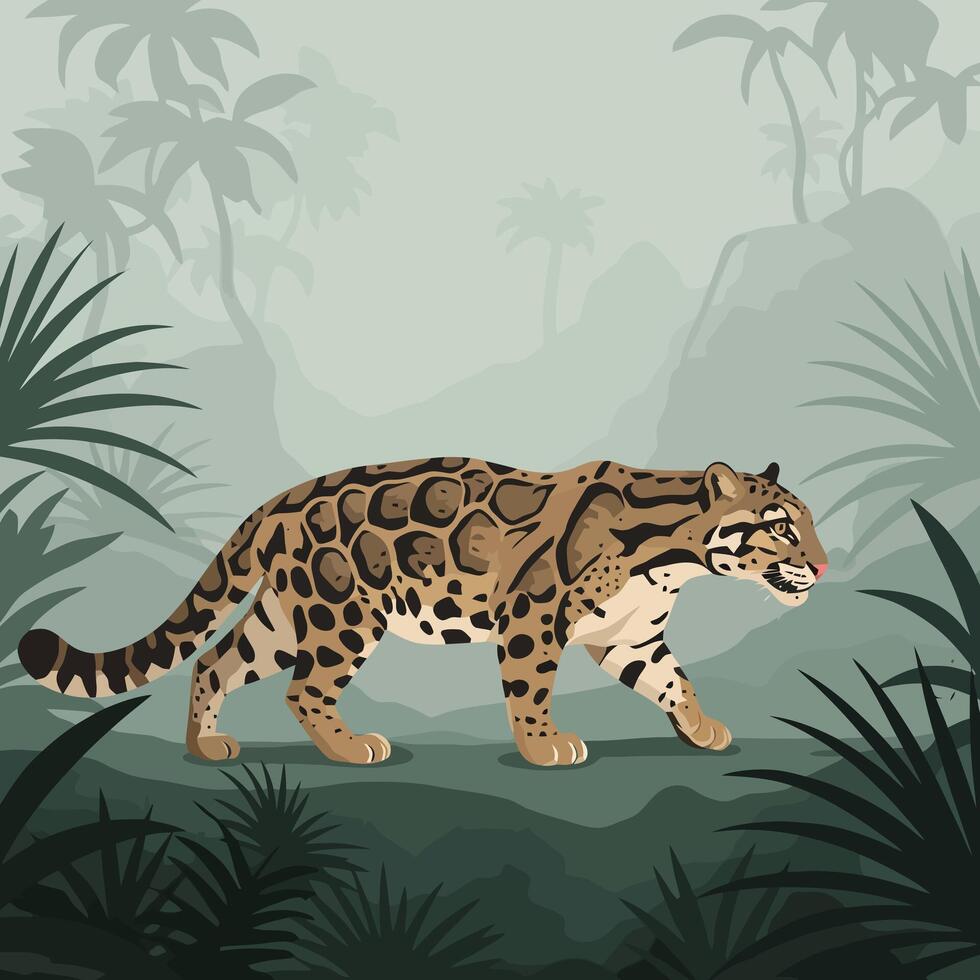Spotted Cat Walking in Tropical Rainforest Jungle Illustration vector