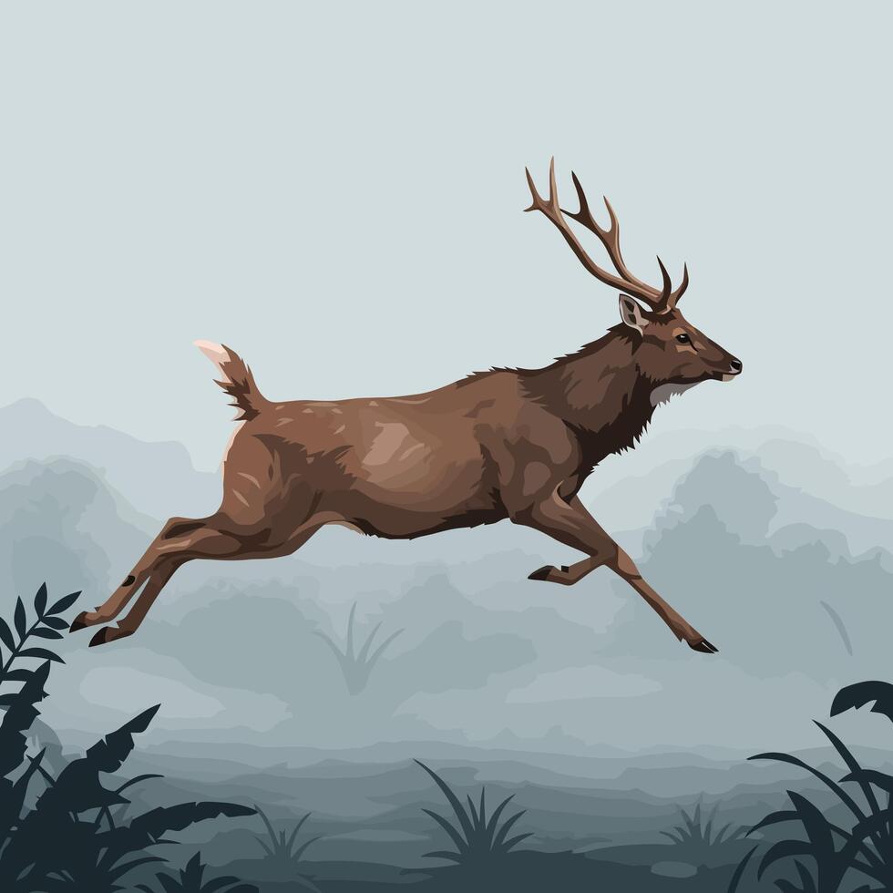 Running Deer Illustration in Nature Scene with Misty Background vector